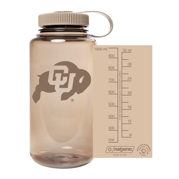 A brown transparent water bottle with the CU Buffalo logo printed in opaque brown.