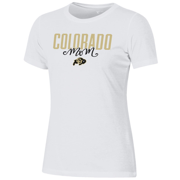A white short sleeve T-shirt, proudly displaying "Colorado Mom" with a CU Buffalo logo.