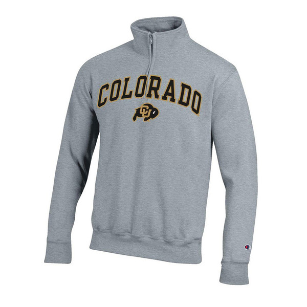 A light gray quarter zip collared sweatshirt with arched Vegas Gold Colorado lettering and a C-U Buffalo logo.