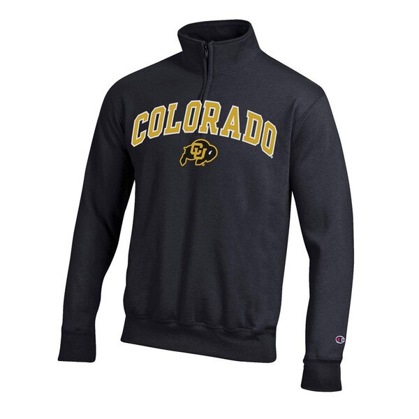 A black quarter zip collared sweatshirt with arched Vegas Gold Colorado lettering and a C-U Buffalo logo.