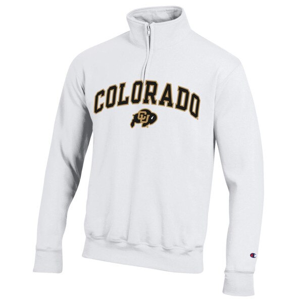 A white quarter zip collared sweatshirt with arched Vegas Gold Colorado lettering and a C-U Buffalo logo.