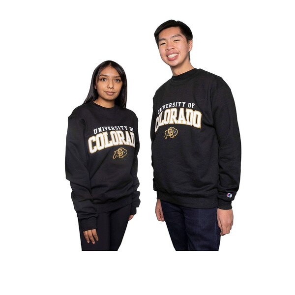 Two people wearing a black Champion crewneck that reads "University of Colorado" in white lettering with the CU Buffalo logo underneath.