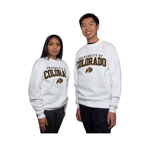 Two people wearing a white Champion crewneck that reads "University of Colorado" in black lettering with the CU Buffalo logo underneath.