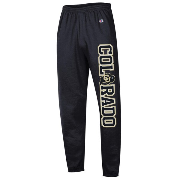 Black sweatpants with Colorado being spelled down the left leg, with the second letter O in Colorado being the Colorado Buffalo logo.