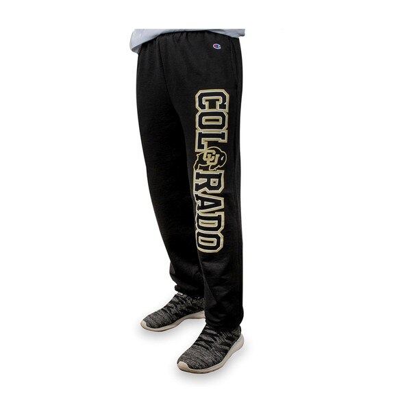 Black sweatpants with Colorado being spelled down the left leg, with the second letter O in Colorado being the Colorado Buffalo logo.