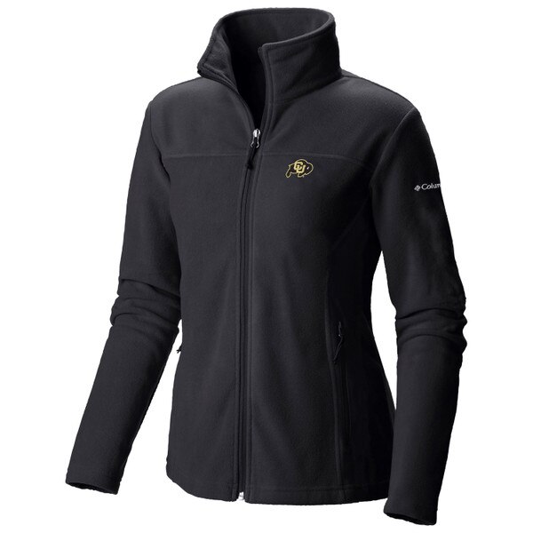 A black women's cut Columbia fleece full-zip jacket featuring the Buffalo logo on the left chest.