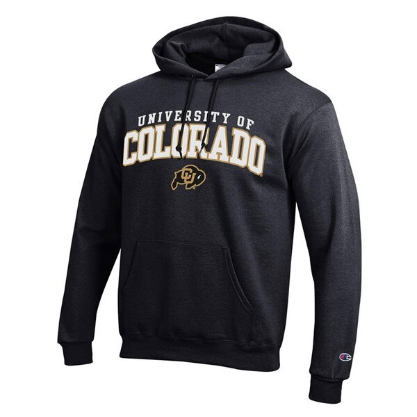 A black hoodie featuring University of Colorado lettering and a CU Buffalo logo with a drawstring hood and a large kanga pocket.