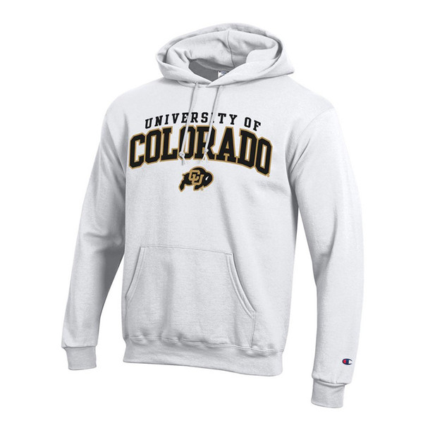 A white hoodie featuring University of Colorado lettering and a CU Buffalo logo with a drawstring hood and a large kanga pocket.