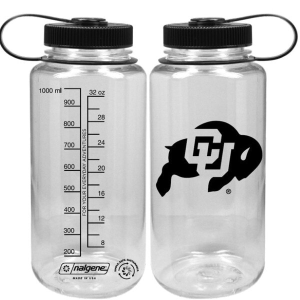 32 oz clear Nalgene bottle with black CU Buffaloes logo on front and measurement markings on back