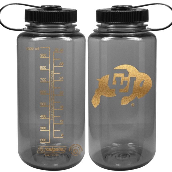 A gray transparent water bottle with a black lid. Features the CU Buffalo logo in gold on the front, and a measurement of how many ounces are left on the back, also in gold.