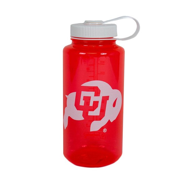 A bold red-orange semitransparent plastic water bottle with a screw on lid and handle, featuring a C-U Buffalo logo in the center and fluid measurements on the back.