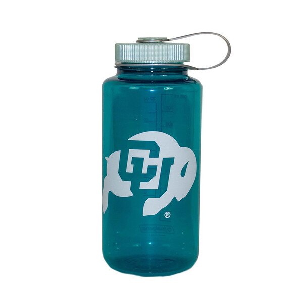 A dark teal semitransparent plastic water bottle with a screw on lid and handle, featuring a C-U Buffalo logo in the center and fluid measurements on the back.