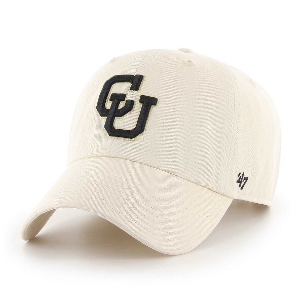Cream-colored baseball cap with embroidered black interlocking CU logo on front and black 47 brand logo on the left side of the brim.