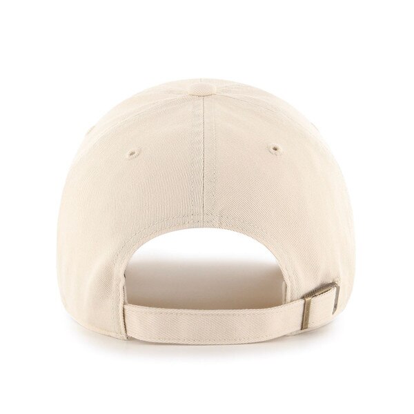 Back view of cream-colored baseball cap with adjustable strap and metal buckle.