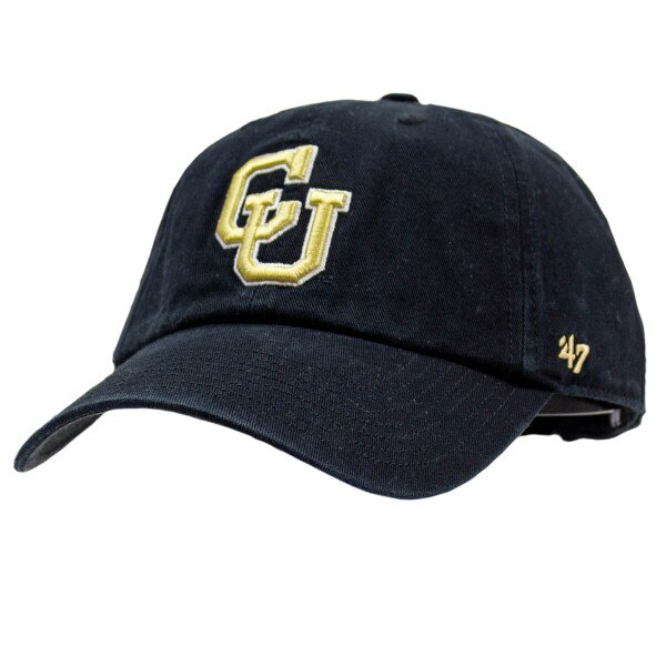 Black baseball cap with embroidered gold interlocking CU logo on front and gold 47 brand logo on the left side of the brim.