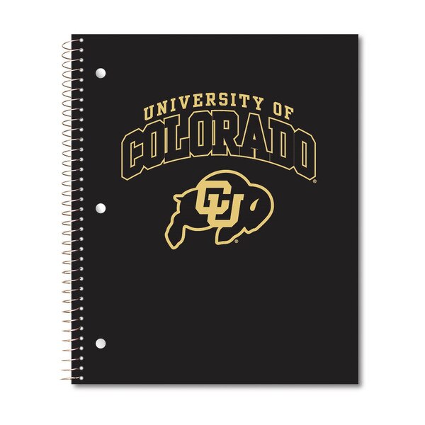 A black notebook with "University of Colorado" printed in black block lettering with a gold foil outline on the front. Below the school name is the CU Buffalo logo.