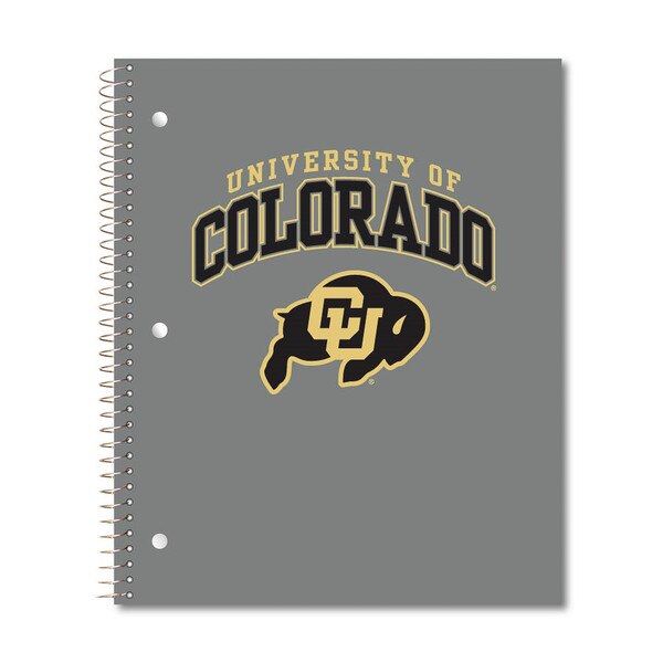 A gray notebook with "University of Colorado" printed in black block lettering with a gold foil outline on the front. Below the school name is the CU Buffalo logo.