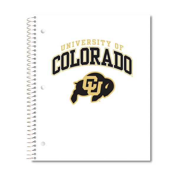A white notebook with "University of Colorado" printed in black block lettering with a gold foil outline on the front. Below the school name is the CU Buffalo logo.