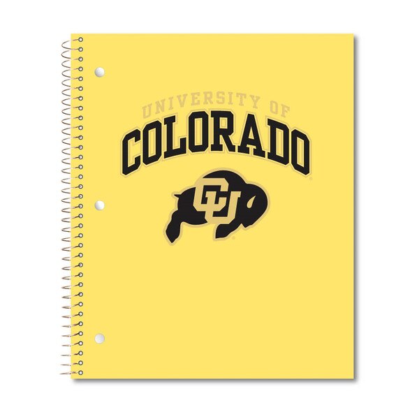 A yellow notebook with "University of Colorado" printed in black block lettering with a gold foil outline on the front. Below the school name is the CU Buffalo logo.