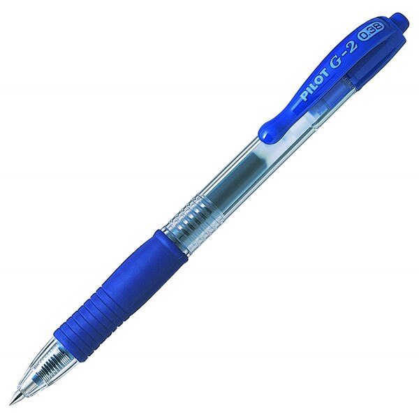 Pilot G-2 0.38mm blue gel pen with clear barrel and Blue rubber grip, angled view.