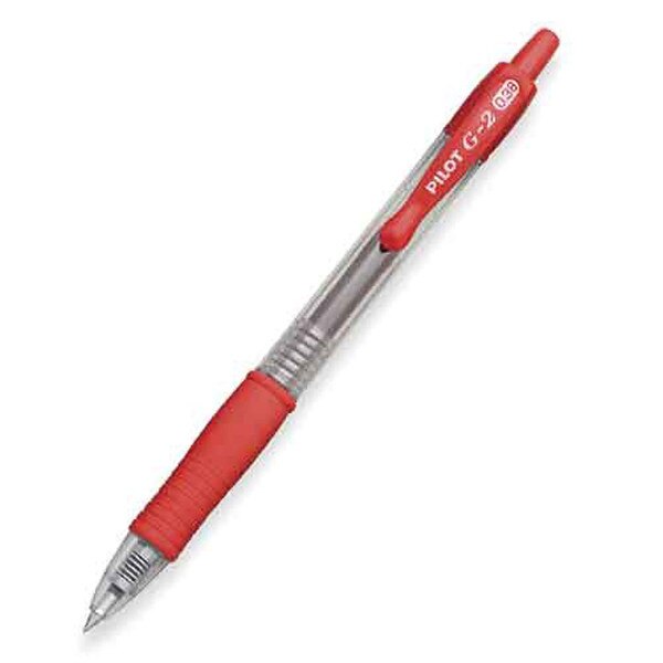 Pilot G-2 0.38mm Red gel pen with clear barrel and red rubber grip, angled view.