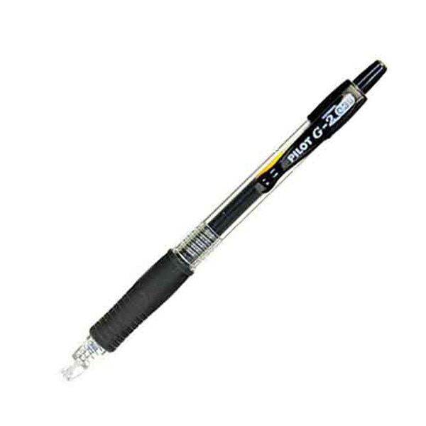 Pilot G2 gel pen with black ink, retractable tip, and contoured rubber grip for smooth and comfortable writing