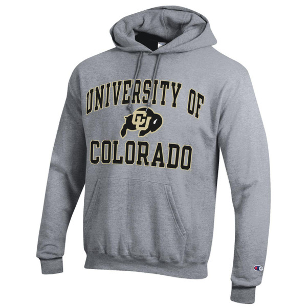 A gray hoodie featuring University of Colorado lettering and a CU Buffalo logo with a drawstring hood and a large kanga pocket.