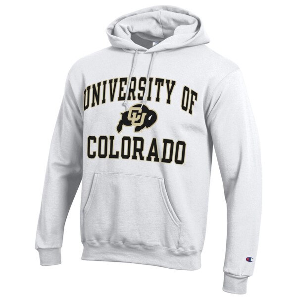 A white hoodie featuring University of Colorado lettering and a CU Buffalo logo with a drawstring hood and a large kanga pocket.