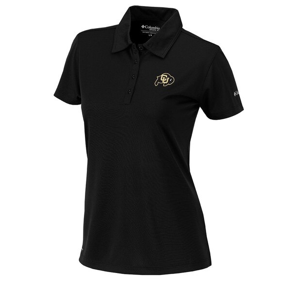 This is an all black polo collared shirt with the CU Buffalo logo printed on the left chest area.