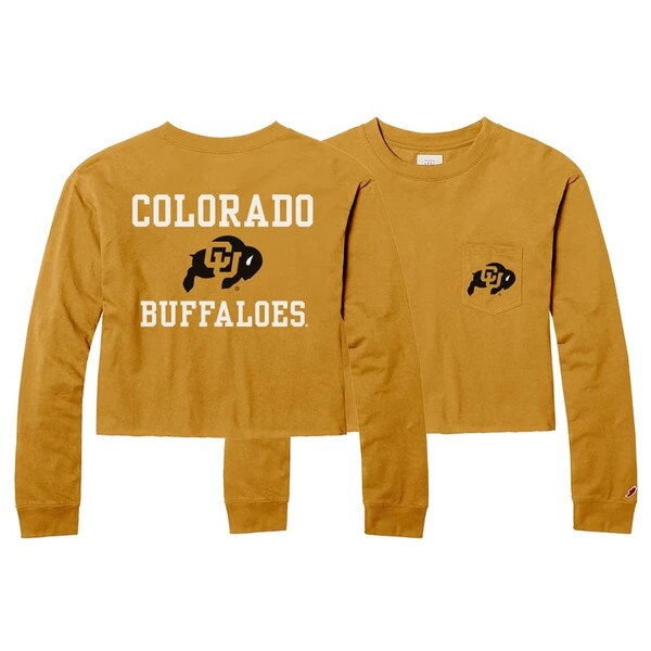 A gold cropped long-sleeve with a front left chest pocket with the CU Buffalo logo, and Colorado buffalo printed lettering surrounding a CU Buffalo logo on the back.