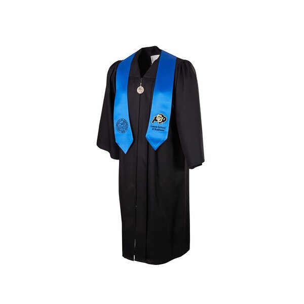 A blue stole with a college seal on the right end and a C-U Buffalo logo on the left end. Blue is for the Leeds School of Business.