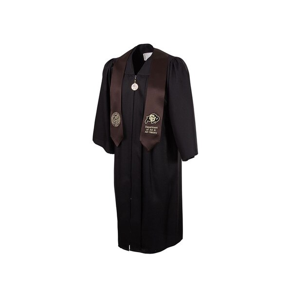 A brown stole with a college seal on the right end and a C-U Buffalo logo on the left end. Brown is for the Department of Art and Art History.
