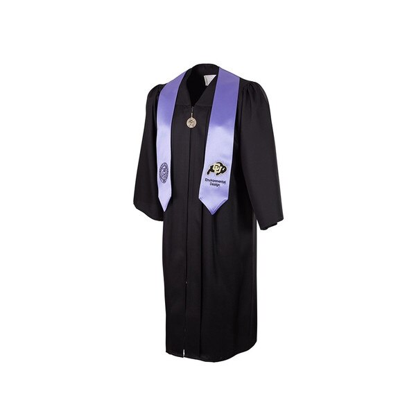 A lavender stole with a college seal on the right end and a C-U Buffalo logo on the left end. Lavender is for Environmental Design