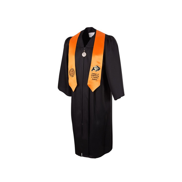 An orange stole with a college seal on the right end and a C-U Buffalo logo on the left end. Orange is for the College of Engineering & Applied Science.