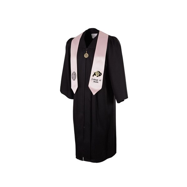 A pink stole with a college seal on the right end and a C-U Buffalo logo on the left end. Pink is for the College of Music.