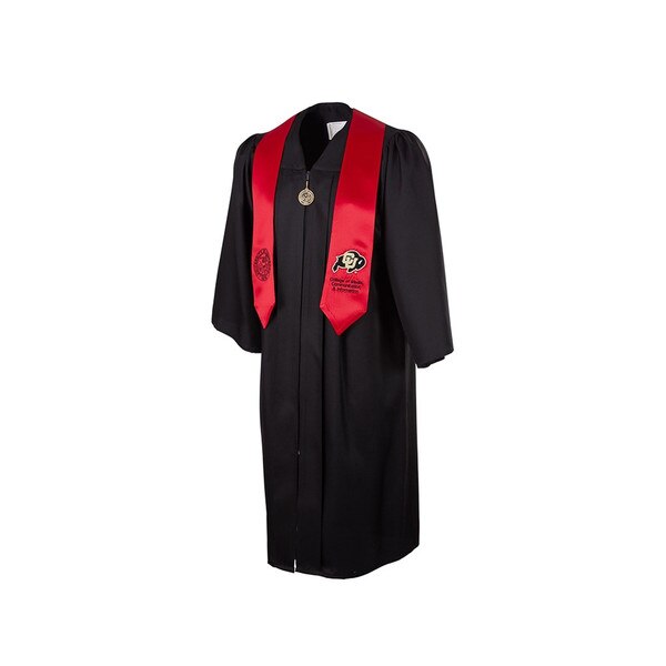 A red stole with a college seal on the right end and a C-U Buffalo logo on the left end. Red is for the College of Media, Communication, and Information.