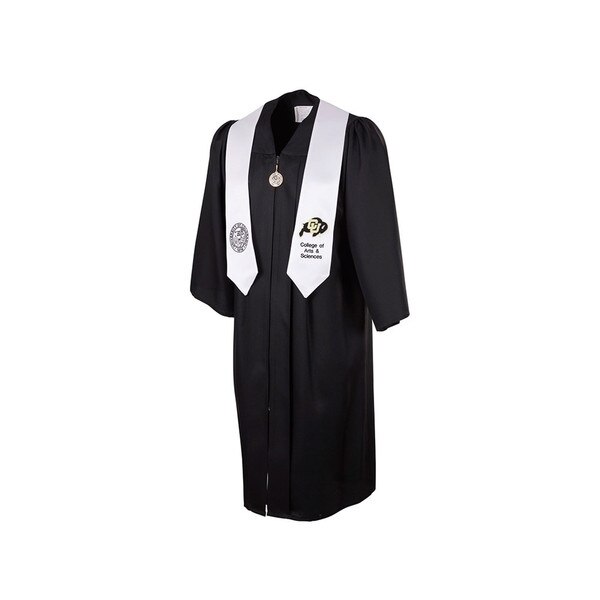 A white stole with a college seal on the right end and a C-U Buffalo logo on the left end. White is for the College of Arts & Sciences.
