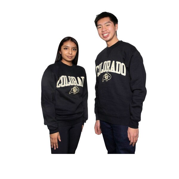 A balck crewneck sweatshirt with arched COLORADO lettering and a C-U Buffalo logo.