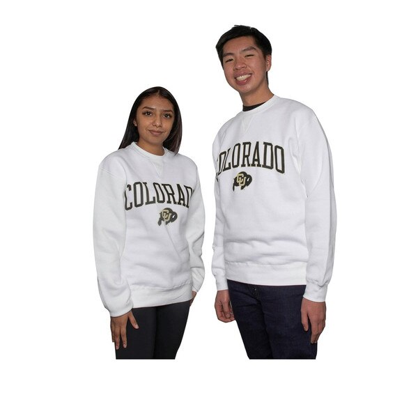 A white crewneck sweatshirt with arched COLORADO lettering ad a C-U Buffalo logo.