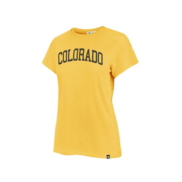 Gold t-shirt with 'Colorado' written in black block letters arching across the front of the shirt.