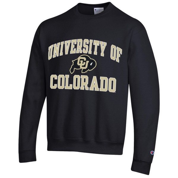A black crewneck sweatshirt with bold Vegas Gold University of Colorado lettering and a C-U Buffalo logo.