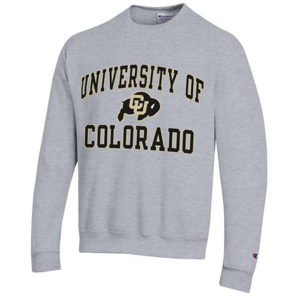 A light heathered gray crewneck sweatshirt with bold black University of Colorado lettering and a C-U Buffalo logo.
