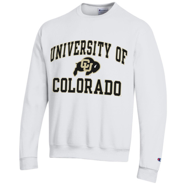 A white crewneck sweatshirt with bold black University of Colorado lettering and a C-U Buffalo logo.