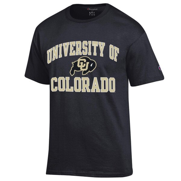 A black Champion short sleeve t-shirt with CU Buffalo logo and 'University of Colorado'.