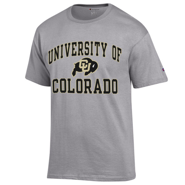 A gray Champion short sleeve t-shirt with CU Buffalo logo and 'University of Colorado'.