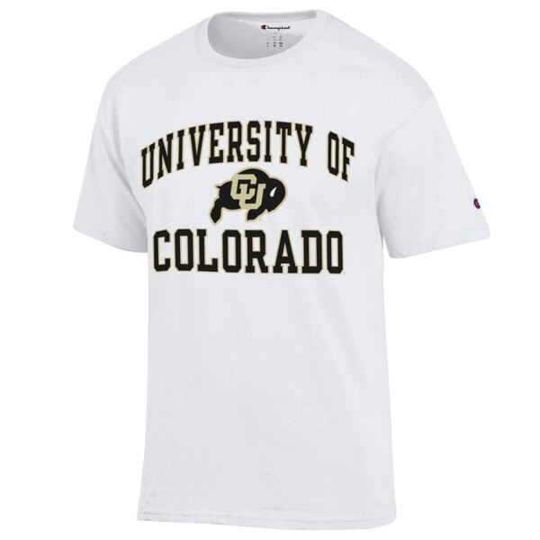 A white Champion short sleeve t-shirt with CU Buffalo logo and 'University of Colorado'.