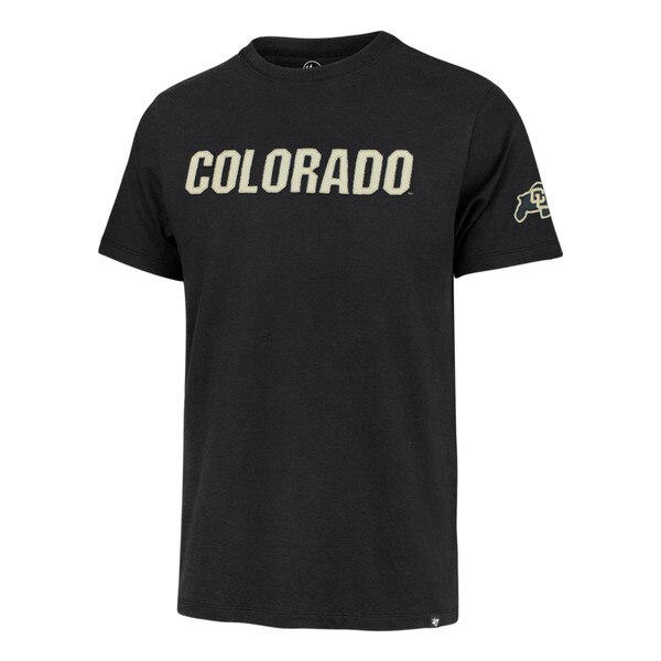 A black short sleeve t-shirt with embroidered vegas gold Colorado lettering with a C-U buffalo logo on the left sleeve.
