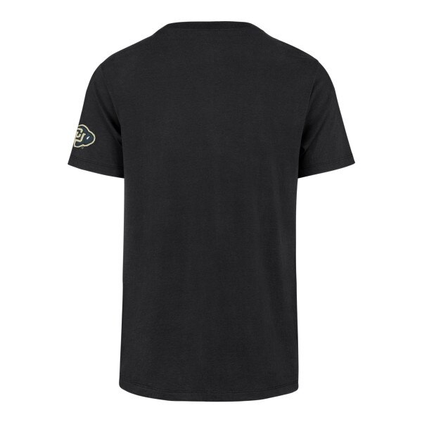 Back view of a black t-shirt with a CU Buffaloes logo on the left sleeve; the rest of the back is solid black.