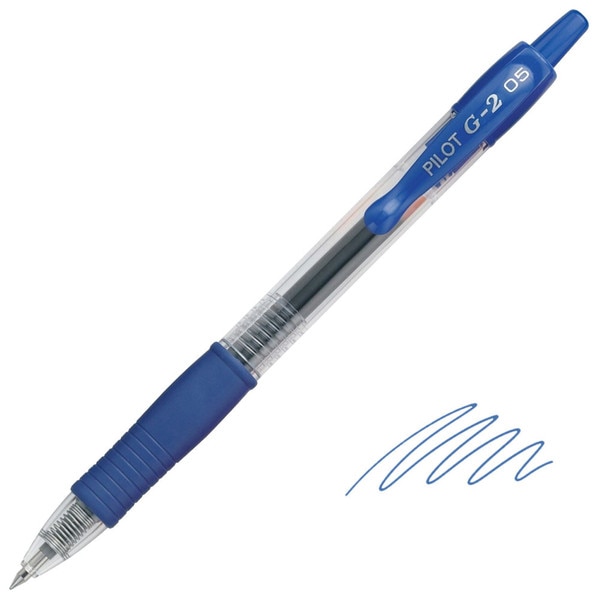 This is a blue, retractable gel pen with a black comfort grip.