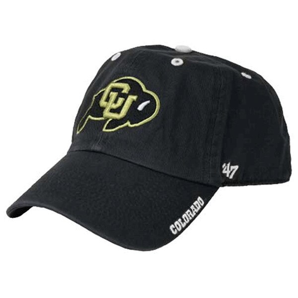 Black hat with the embroidered CU Buffalo logo on front with white accents on the top, and with "Colorado" on the brim, and 47' brand logo on left side.